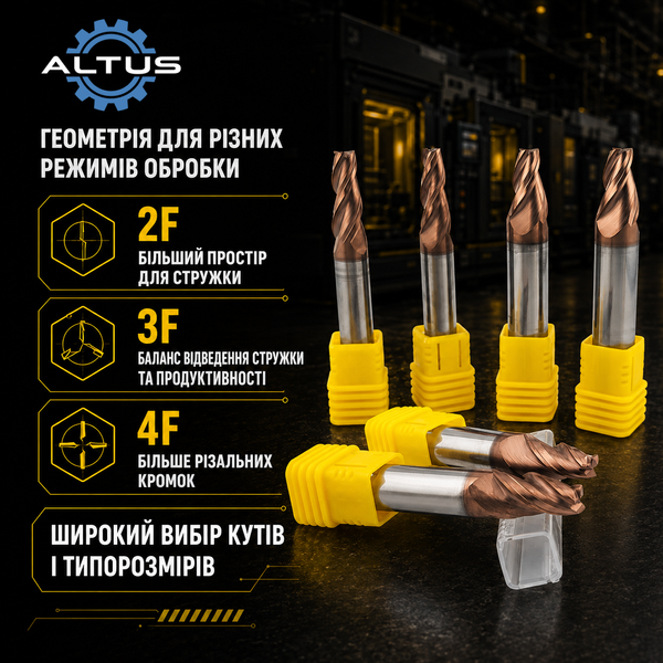 Фреза твердосплавна ALTUS D1&times;2&deg;&times;4&times;d4&times;50-2F (58 HRC) 15330