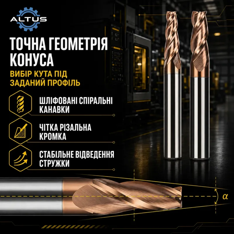 Фреза твердосплавная ALTUS D1,5×20°×6,18×d6×50-2F (58 HRC)