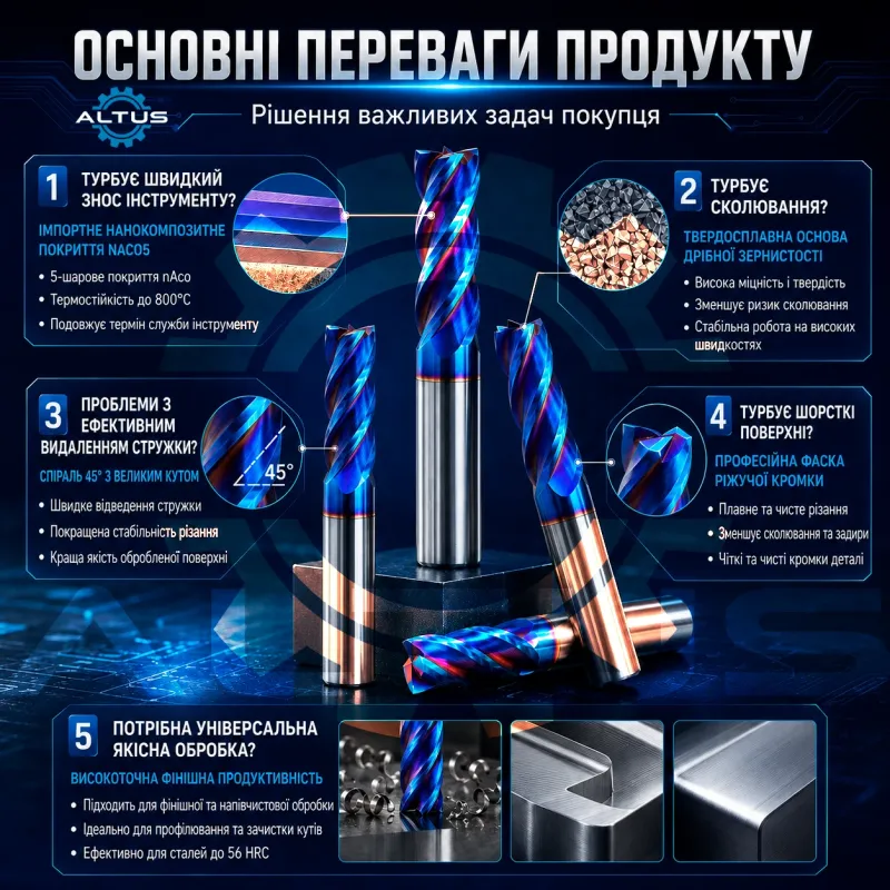 Фреза твердосплавна ALTUS D4×12×50-4F 65HRC